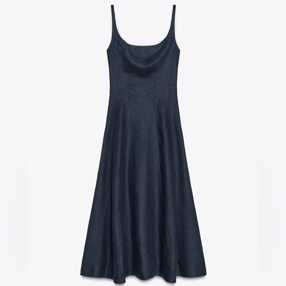 Zara NWT Blue & White 100% Linen Contrast Piping Midi Summer Dress (Size Medium) - Picture 6 of 9